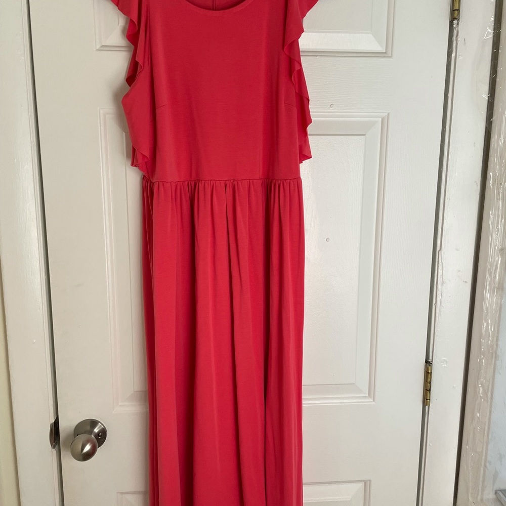 Bright coral ruffle sleeve maxi dress